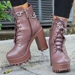 Women's Platform Heel Boots Chunky Ankle Lace‎ Up Mocha Color